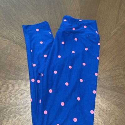 Lularoe Leggings One Size Pink Polka Dots On Blue Soft Stretchy Comfort Style